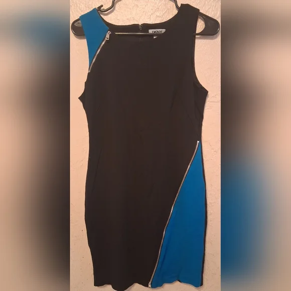 DKNY Black Blue Colorblock Fitted Dress Size 8 - Picture 3 of 6